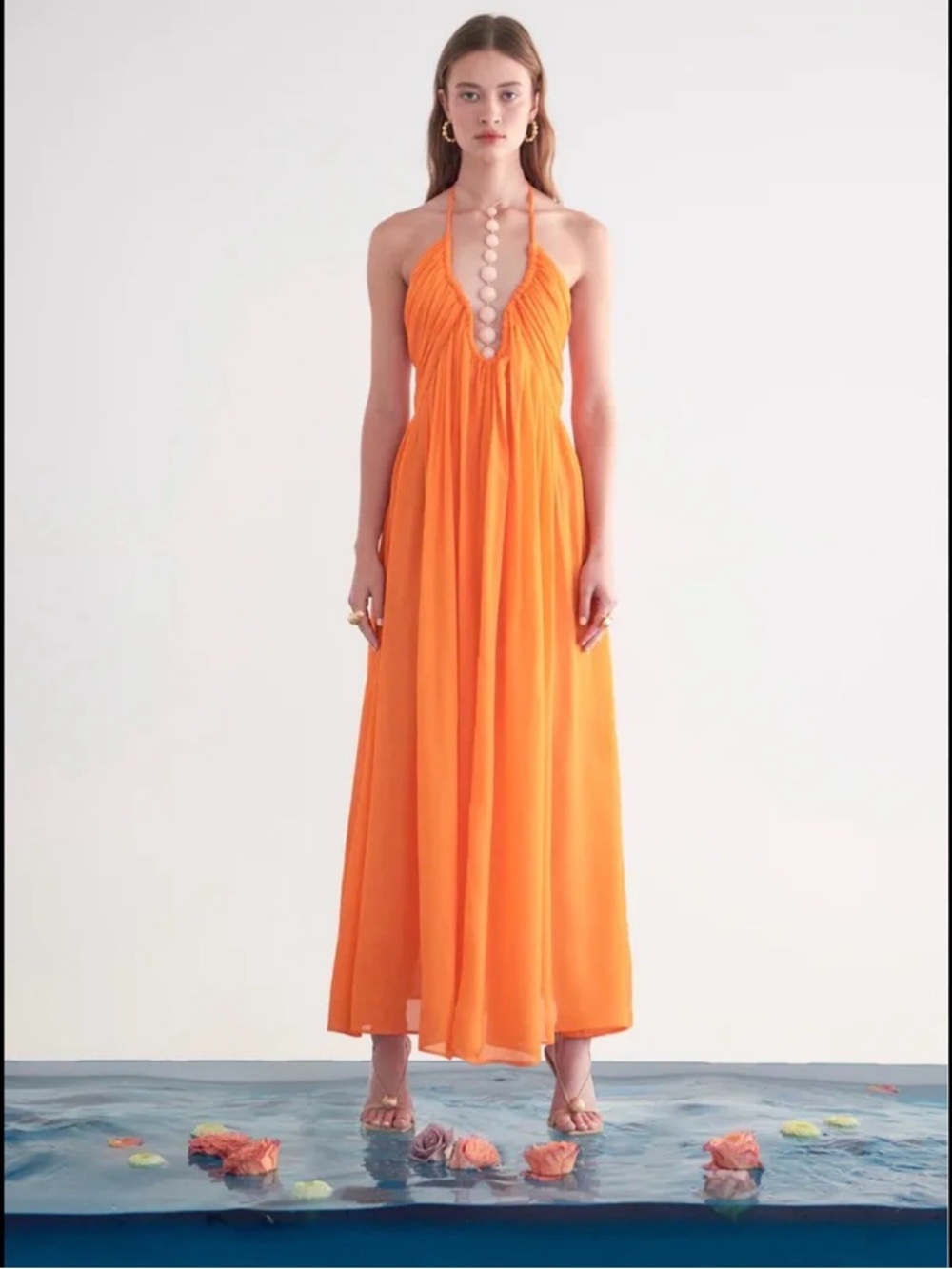 Cult Gaia PAPAYA Sloane Halter Dress Maxi Swim Cover-up Deep V Open Back Size M - Picture 2 of 13